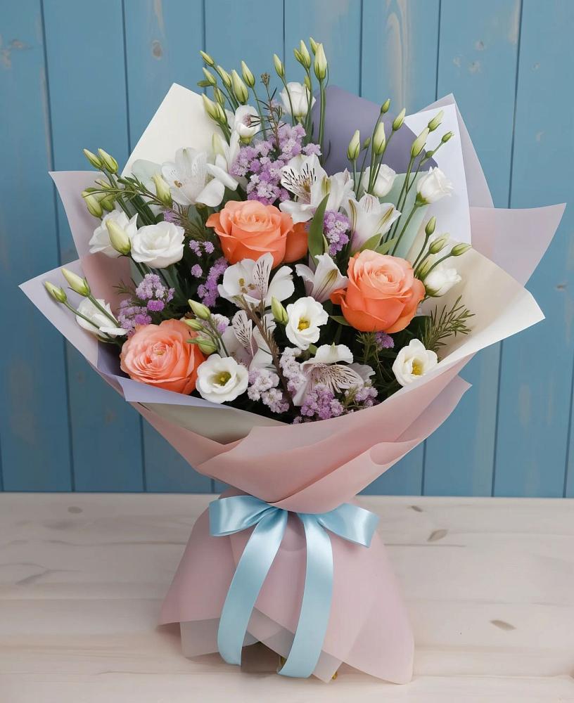 Букет цветов из: Лизиантусы, Розы, Альстромерии и Гипсофила в Сертолово
