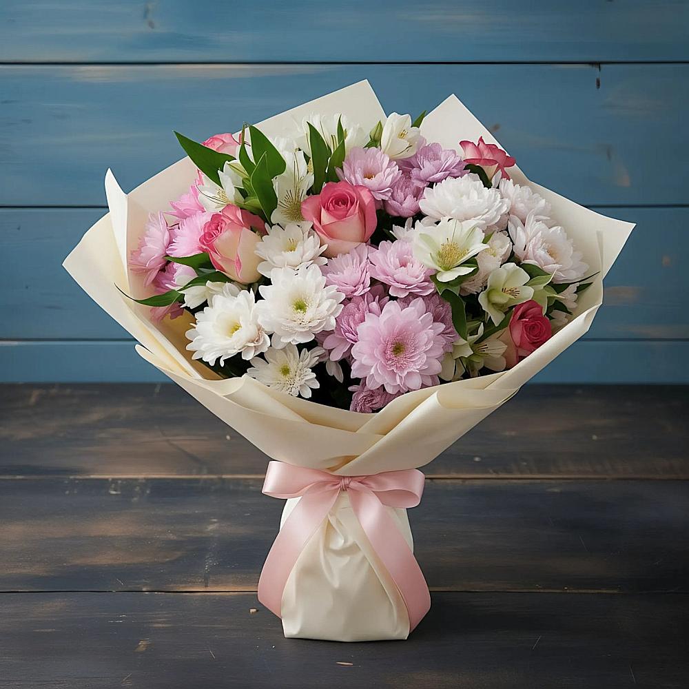 Букет цветов из: Хризантемы, Альстромерии и Розы в Сертолово